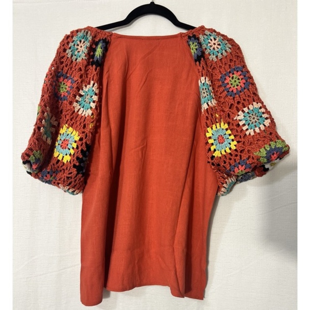 New😍 Umgee Sunset Crochet Granny Square Sleeve Boho Cottage Core Linen Blend M - Picture 4 of 9